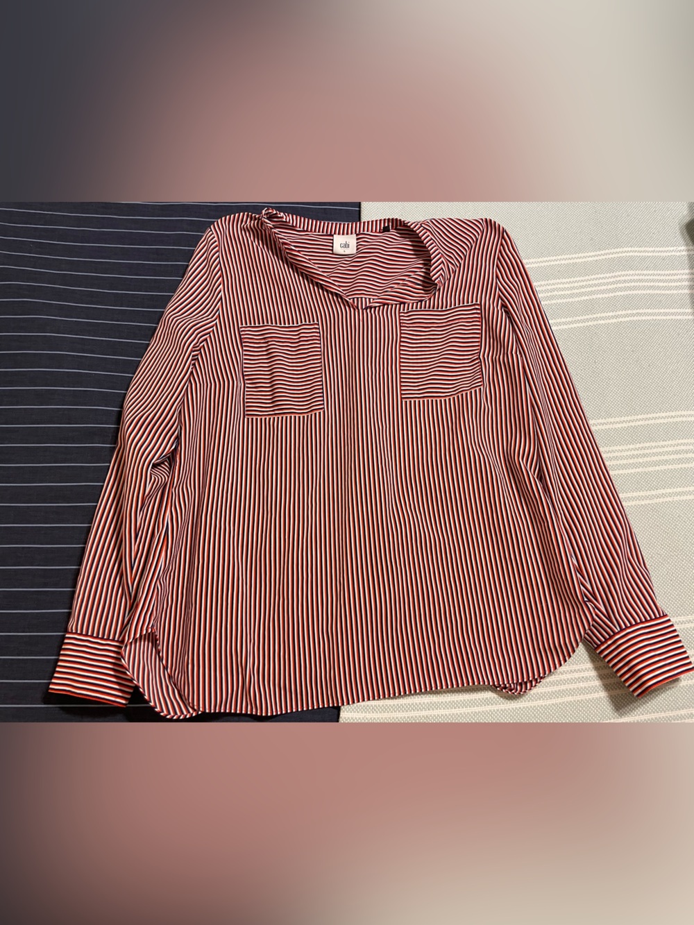 CAbi Orange, Blue, and White Striped Long-Sleeve Blouse